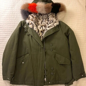Maje Genuine Fox Fur Kaki Green Jacket Coat Size 36/Small